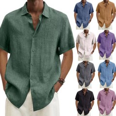 Mens Cotton Linen Short Sleeve Dress Shirt Button Down Loose Blouse Tops Solid