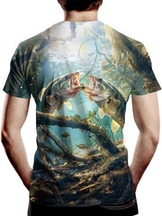 3D Bass Fishing T-Shirt Two Fish Fighting Bait Graphic Tee Realistic Unisex