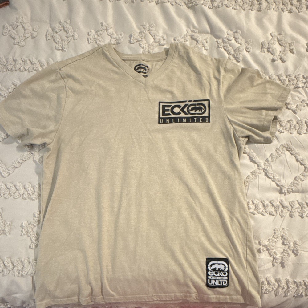 Ecko Unltd. Men’s Beige Regular Fit V-Neck Graphic Logo T-Shirt Short Sleeve L