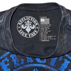 Affliction Mens Live Fast T-Shirt Large Black Mineral Wash Blue Fleur De Lis USA