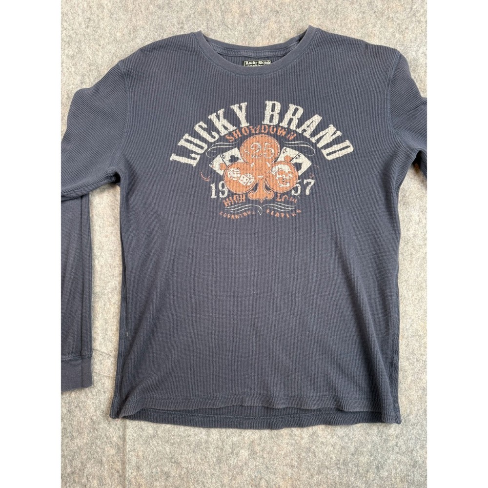 Vintage Lucky Brand Thermal Shirt Men XL Blue Spellout Logo Long Sleeve Pullover