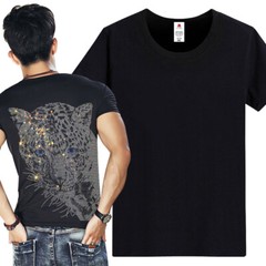Men Fashion Diamonds T-Shirt Leopard Print Rhinestones Hot Drill Short Sleeve