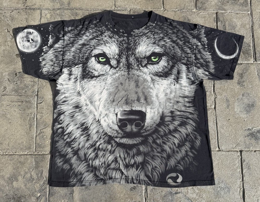 Vintage Liquid Blue All Over Print Big Face Wolf Nature T-Shirt Size XL