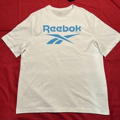 Mens Size Small – Reebok Identity Big Stacked Logo T-Shirt White Cyan Blue