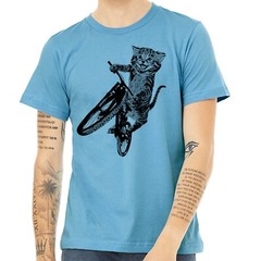 Cat Riding a Bicycle men’s Tshirt- Kitten Wheelie Tee shirt- Eco Friendly