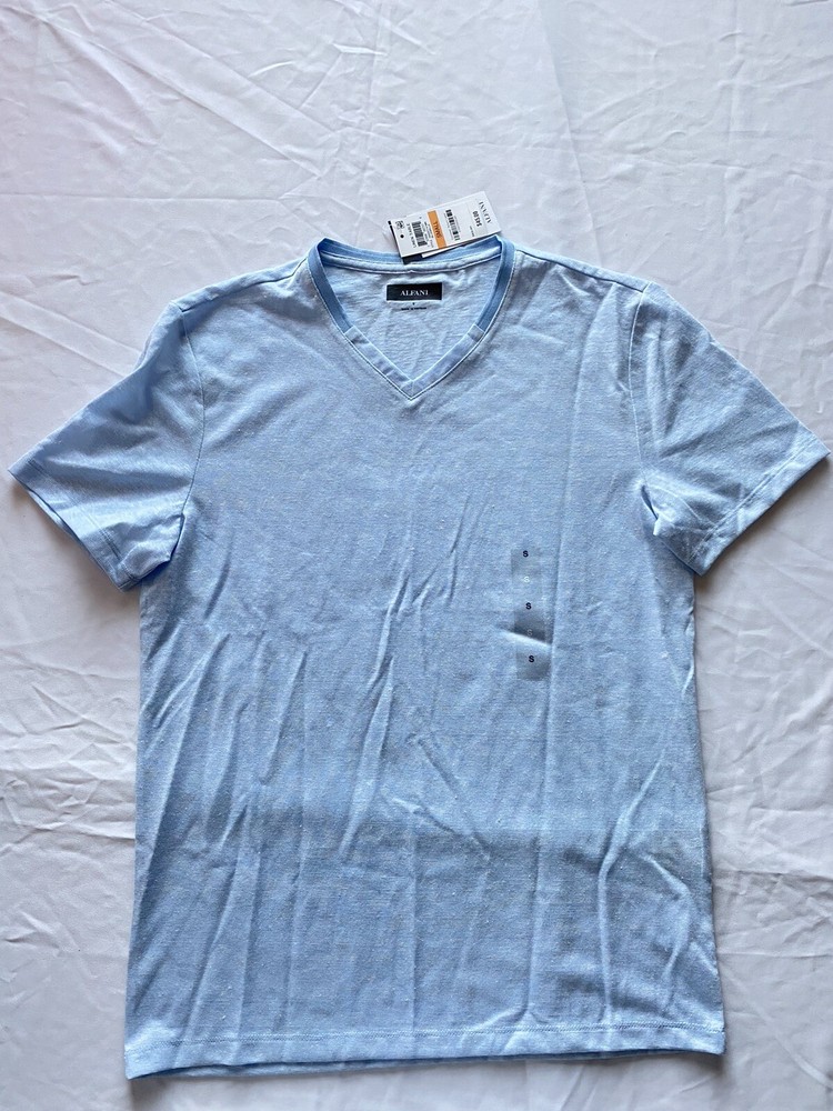 Alfani Mens Blue V-NeckT-Shirt Size S Lenin Stretch Easy Care