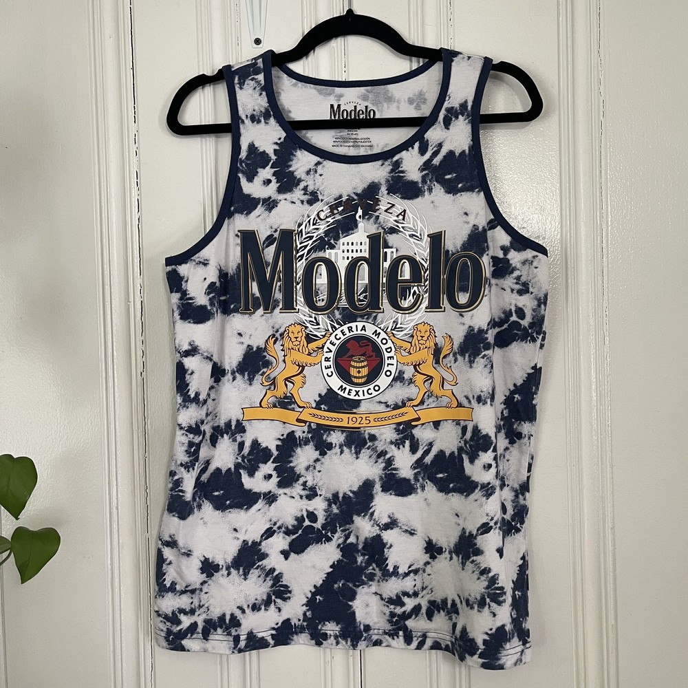Modelo Men White Blue Tie Dye Sleeveless Tank Top T-Shirt Beer Muscle Tee Size M