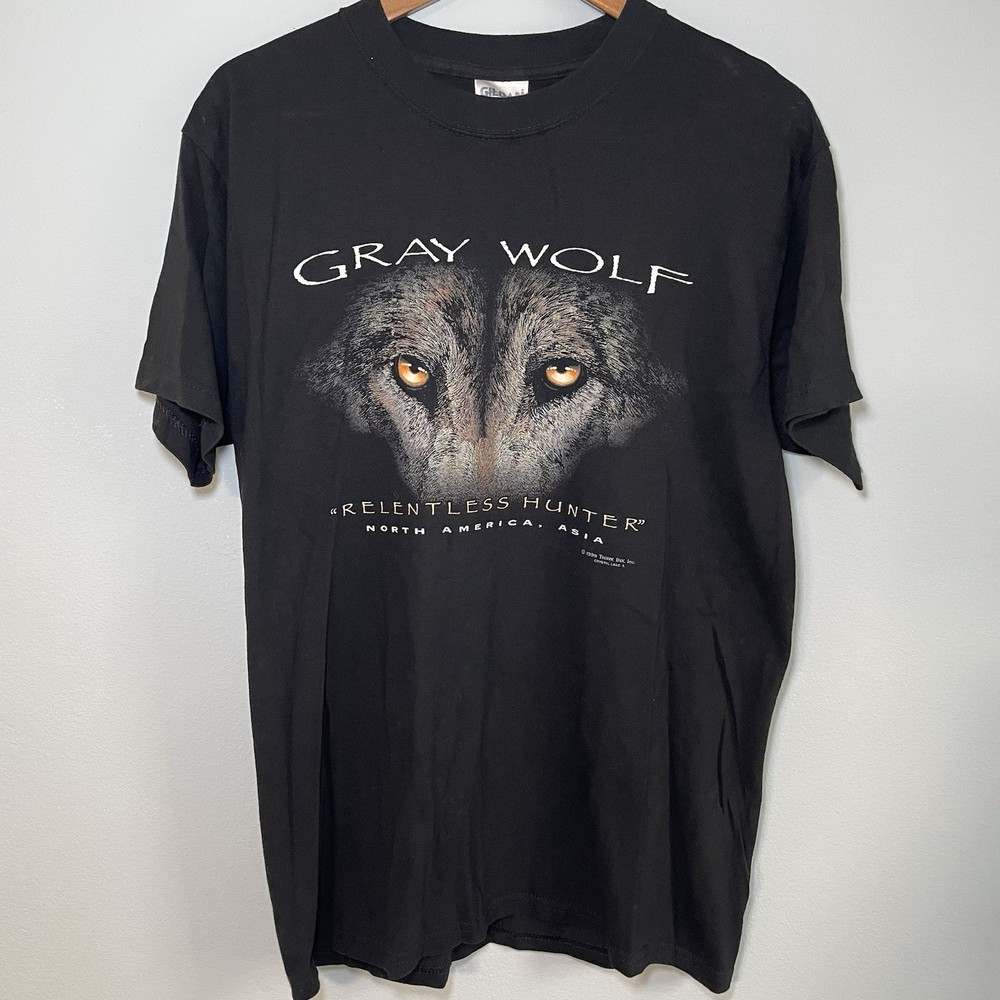 Grey Wolf Y2K T Shirt Black “Relentless Hunter” Medium Animal Print Nature Vtg