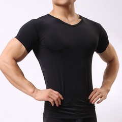 Men’s Smooth T-Shirt Sheer Gym V-Neck Tops Slim Fitness Soft Tight Short Tee Hot