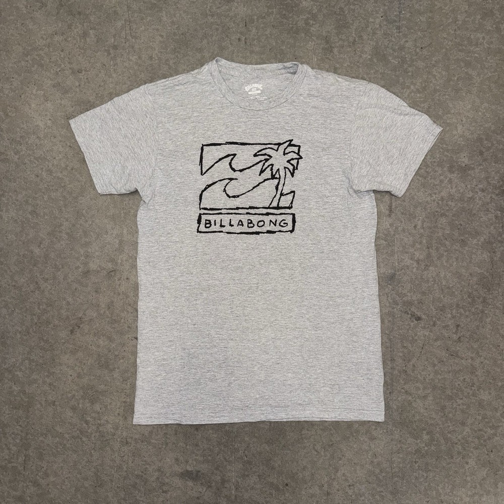 Billabong Shirt Mens Small Gray Wave Palm Tree Box Logo Surf Skate Graphic Tee