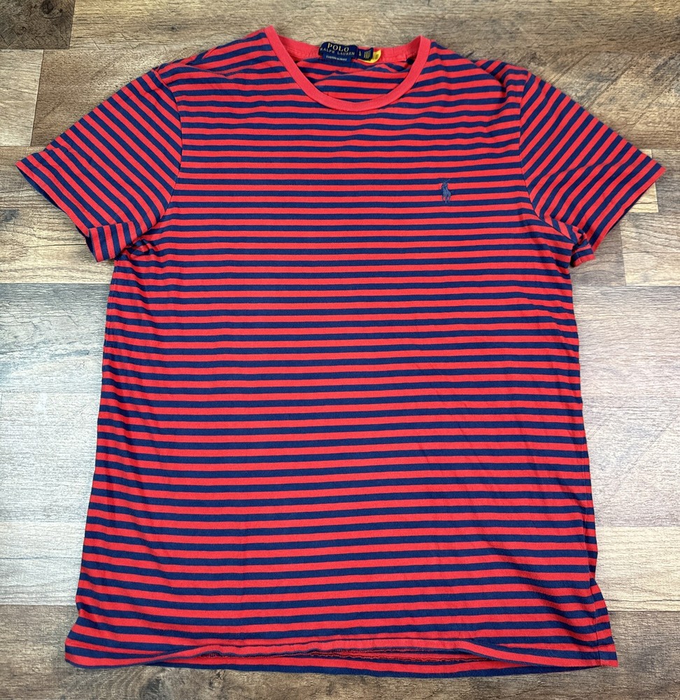 Polo Ralph Lauren Navy Blue & Red Striped S/S Shirt Pony Logo Sz Large Preowned