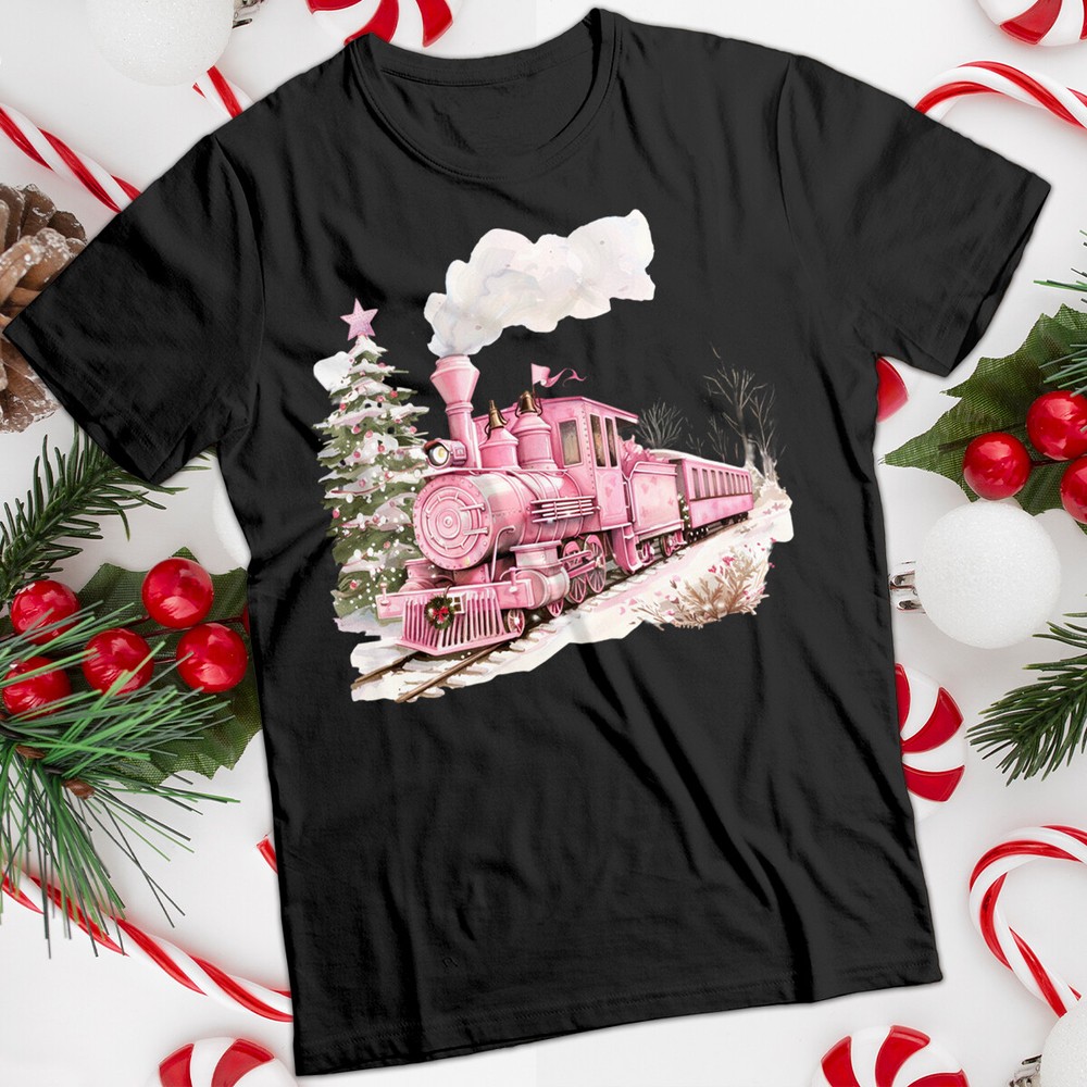 Christmas T-Shirt Pink Train Snowy Winter Scene Mens and Womens Tee #MC