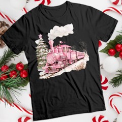 Christmas T-Shirt Pink Train Snowy Winter Scene Mens and Womens Tee #MC