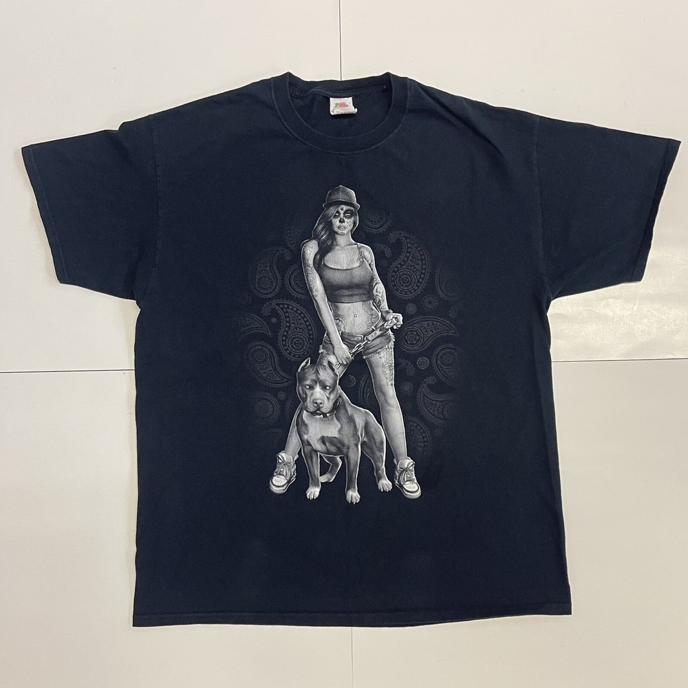 Vintage Tatted Skull Day Of The Dead Girl Pitbull Black T Shirt Size XL