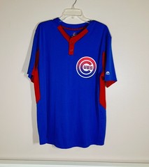 Majestic Mens XL Chicago Cubs MLB Cool Base Jersey Shirt Blue Red Short Sleeve