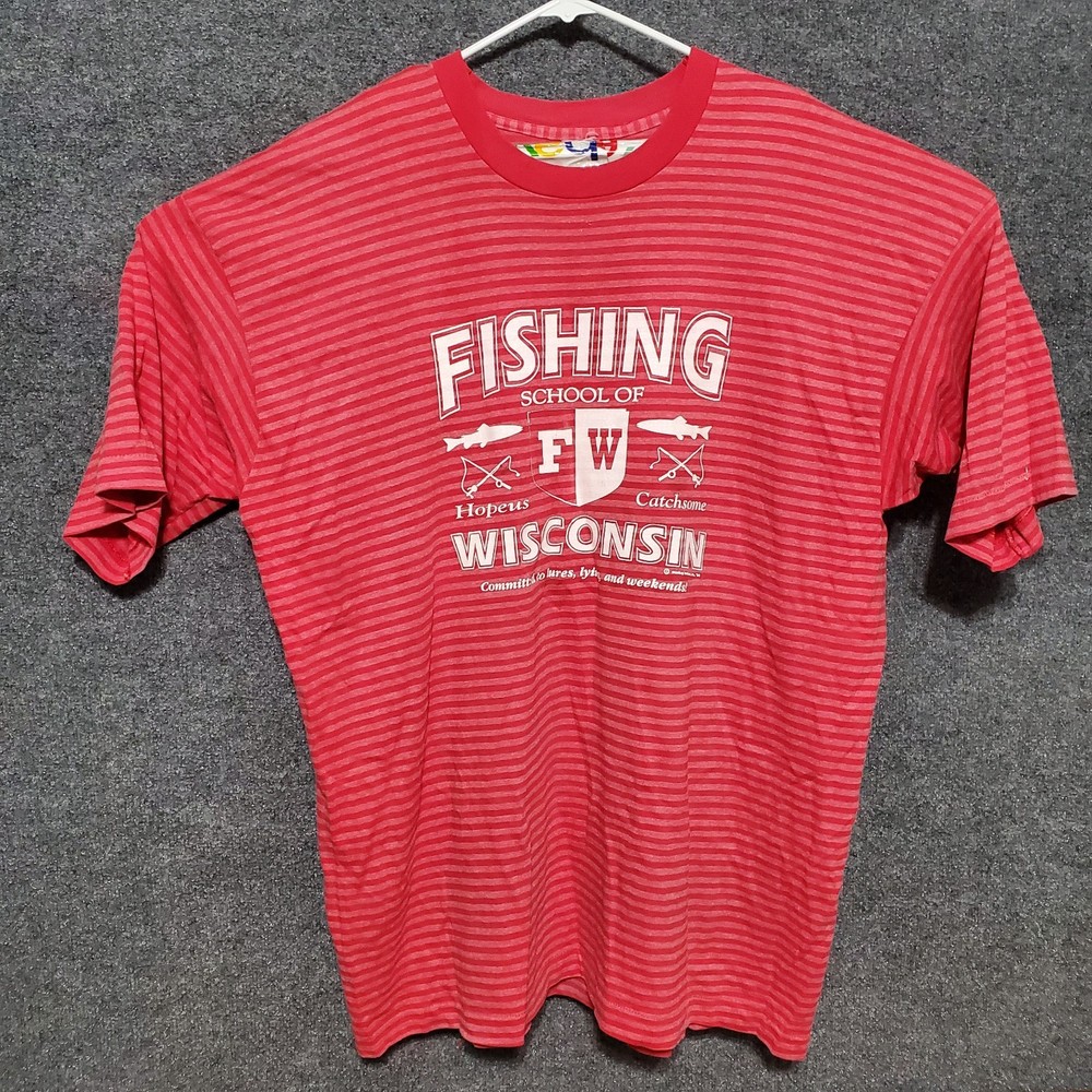 Vintage Wisconsin Shirt Mens 2XL Red Striped 90s Fishing School Hopeus Catchsome