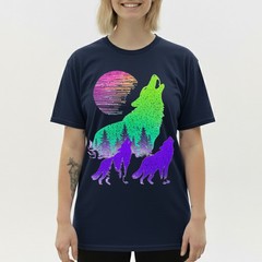 Wolves Howling Moon Forest Silhouette Neon Synthwave Retro Graphic Tee