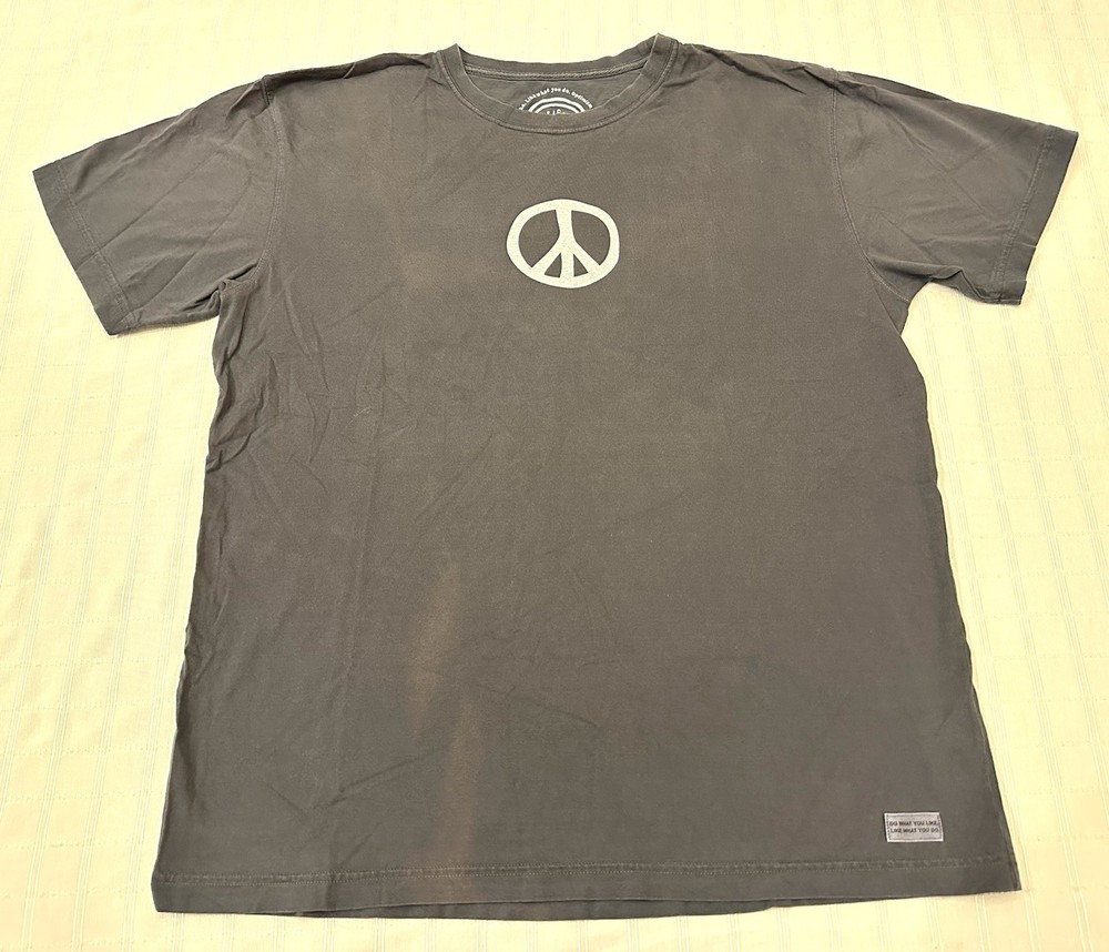 Life Is Good Peace Sign Garment Dyed Mineral Wash Blue Graphic T Shirt Large L