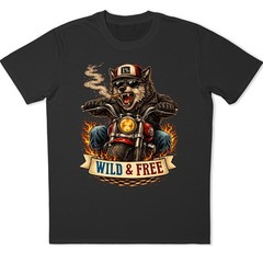 Wild & Free Wolf Biker Motorcycle Chopper Flames Funny Animal Graphic T-Shirt.