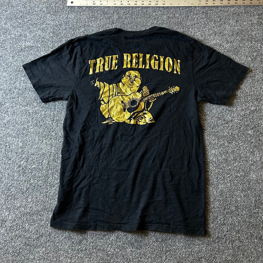 True Religion T-Shirt Mens Size S Black Gold Metallic Buddha World Tour Graphic