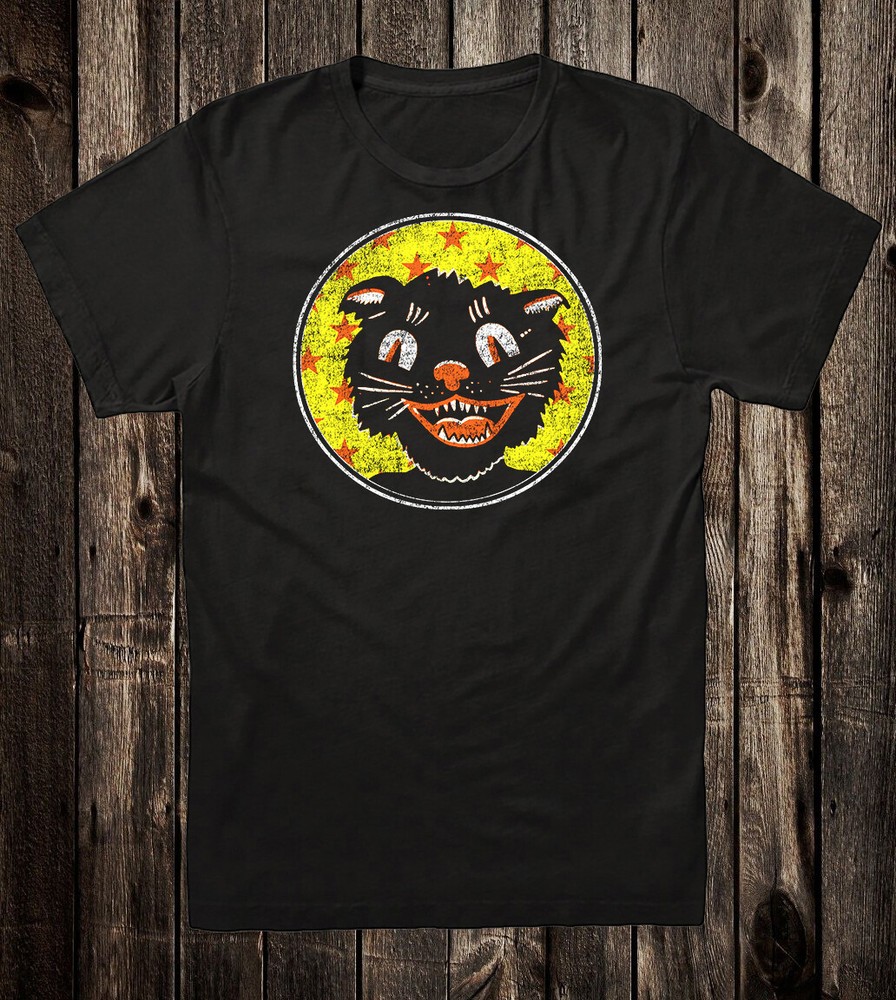 Retro Halloween Tee T Shirt Vintage Art Goth Tattoo Spooky Black Cat Carnival