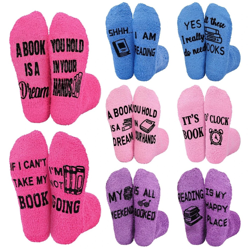 8 Pairs Book Club Socks Gifts Book Lovers Fluffy Fuzzy Slipper Warm Socks for…