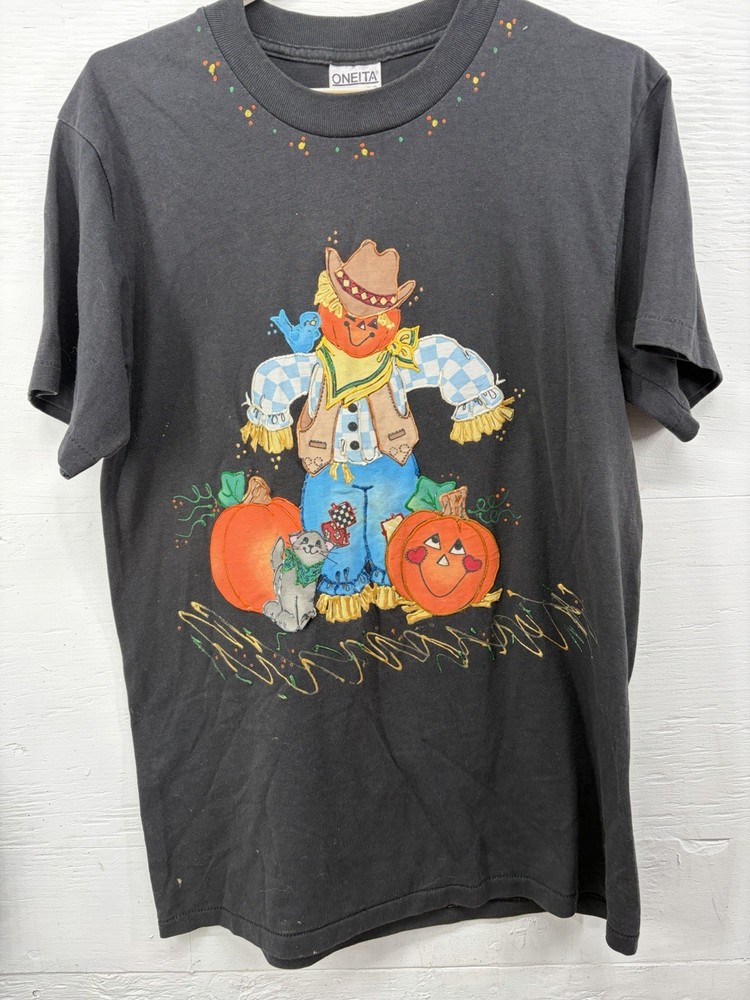 Vintage Halloween Single Stitch Scarecrow Pumpkin Graphic T-Shirt Oneita Large