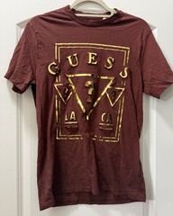Guess LA Men Logo Graphic Crew Neck Triangle Design T-Shirt Brown Gold Short S