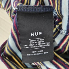 HUF Mens Striped T-Shirt Large Blue Yellow Logo Ringer Tee Blokecore Cotton
