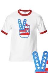 Peace Fingers Flag Retro Vintage 4th July RINGER Tee FREE SHIP USA Patriot