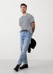 NWT BANANA REPUBLIC $35 Midweight Organic Cotton T-shirt, Navy Stripe, Sz L