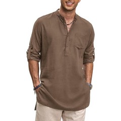 COOFANDY Men Linen Henley Shirts Long Sleeve Collarless T-Shirts Longline