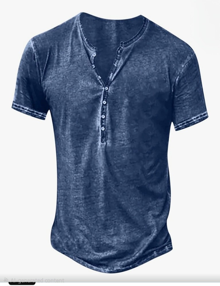 Men’s Blue Solid Henley T-Shirt L Regular Fit Short Sleeve Button Neck