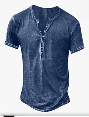 Men’s Blue Solid Henley T-Shirt L Regular Fit Short Sleeve Button Neck