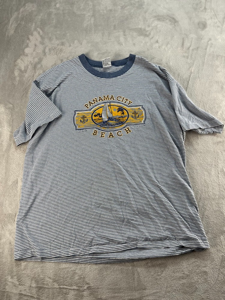 Vintage Cal Cru T-Shirt Mens XL Blue/White Stripped Short Sleeve Nautical