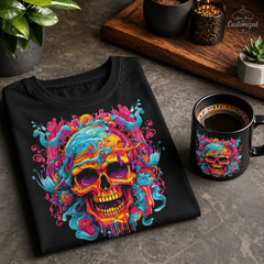 Colorful Skull Graphic T-Shirt Black or White Unisex Streetwear Art Tee