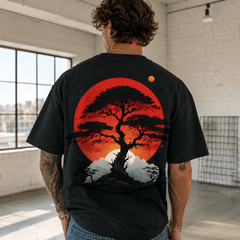 Japanese Landscape Art T Shirt Red Sun Pine Mountain Retro Graphic Casual Tee