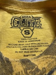 2000s MMA Elite Yellow Graphic T-Shirt with Skull and Gothic Text Print