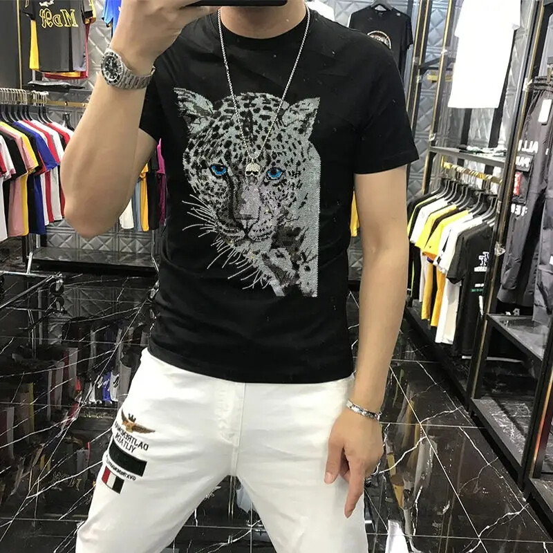 New Fashion Trend Leopard Hot Diamonds Rhinestones Summer Luxury Men T-Shirt