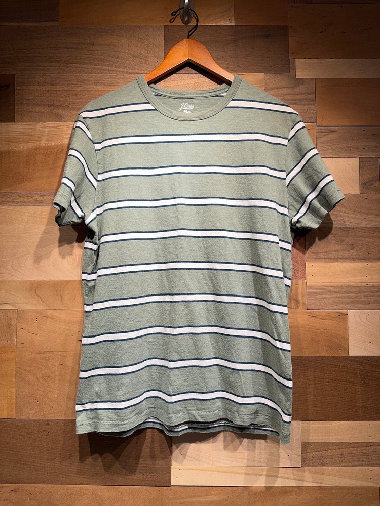 J.Crew Mens Washed Short Sleeve Slub Cotton T-shirt Green White Stripe Medium M