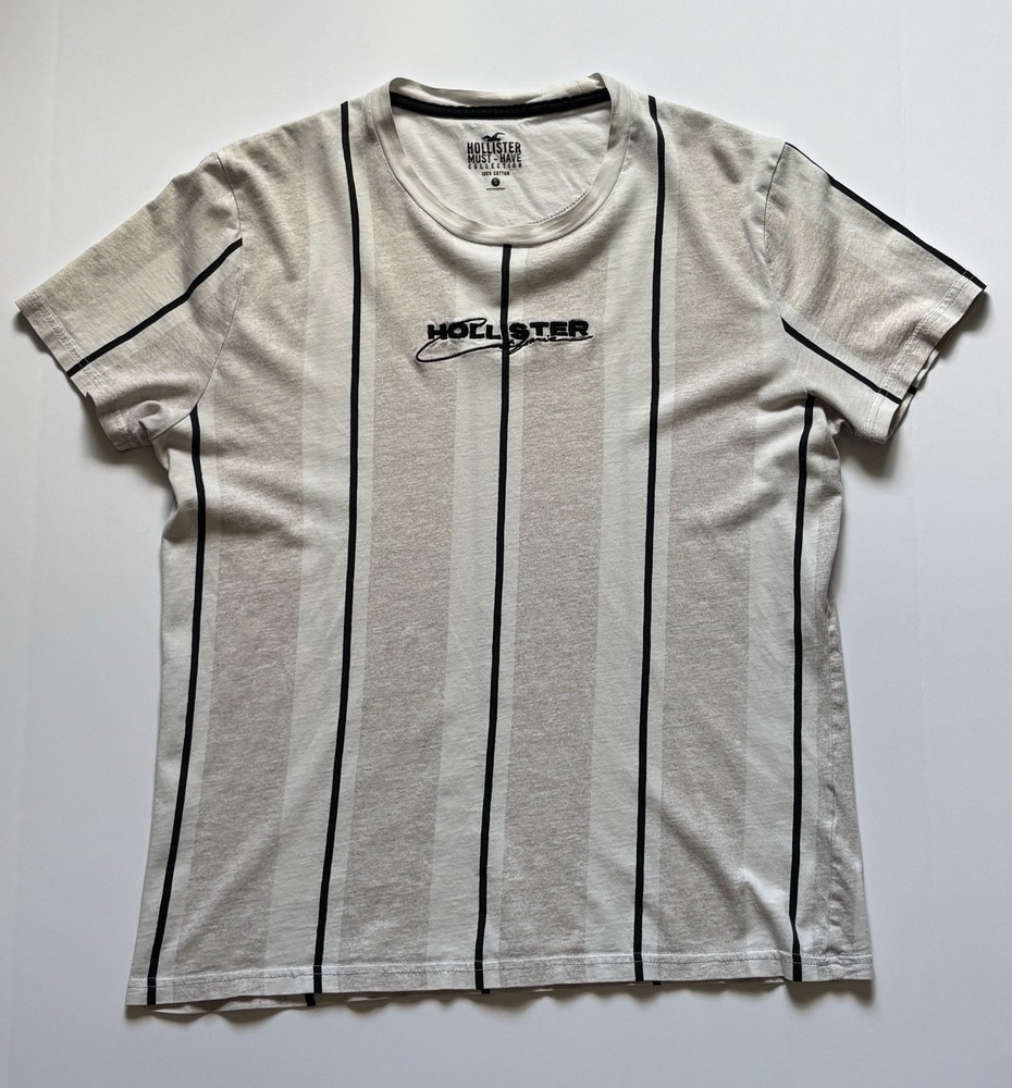 Hollister Mens Small Gray Beige Striped Crewneck 100% Cotton Embroidered Logo