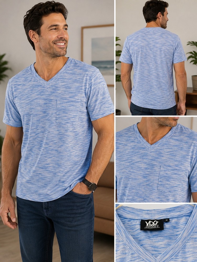 Men’s Light Blue V-Neck T-Shirt Pocket Fitted Stretch Casual Tee Size M NWOT