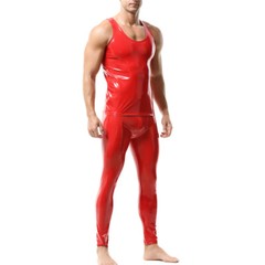 Men’s Sexy Pvc Leather Top Pants Set Shiny Latex Vest Tank Tops Club Tight Pants