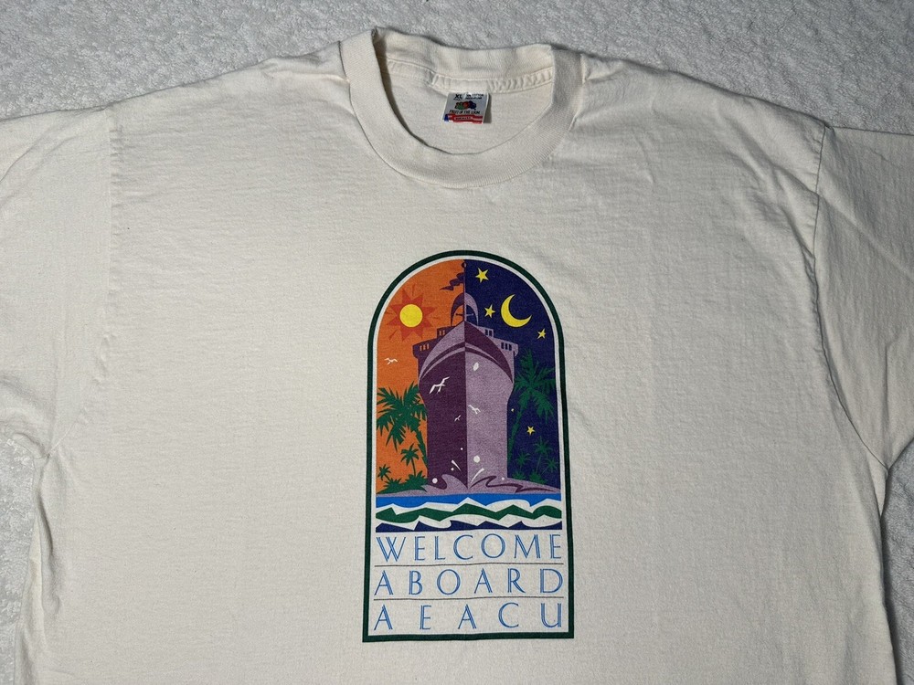 Vintage 1990s 90s Welcome Aboard Cruise Ship Art Deco Vacation Sunset T-Shirt XL