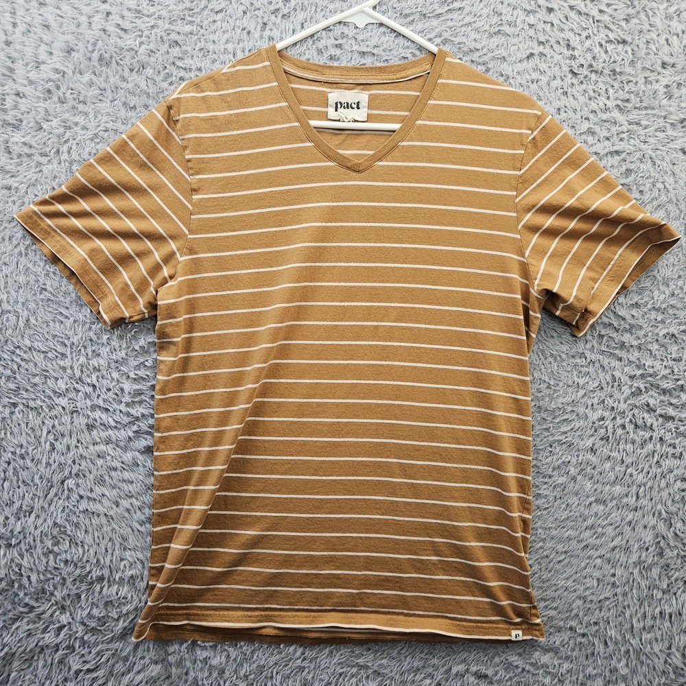 Pact Organic T Shirt Men Medium Brown Stripe V Neck 100% Organic Cotton