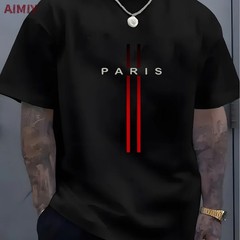 Summer Men’s T-shirt Top Casual Loose Fit Oversized T-shirt PARI Letter Pattern