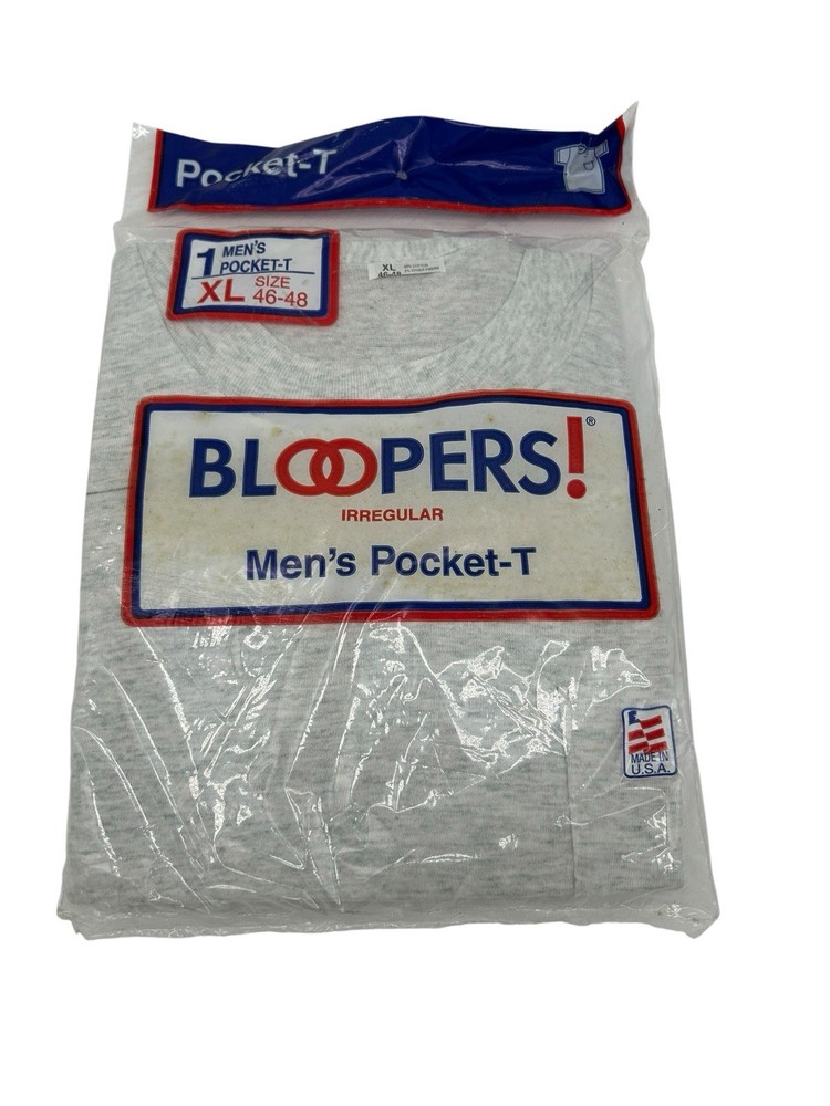 Vintage 1988 Light Gray Bloopers Pocket T Shirt Size XL Made In USA Irregular