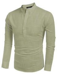 Men’s Cotton Hemp Long Sleeve Casual Beach Henley Shirt(LIGHT GREEN,S)