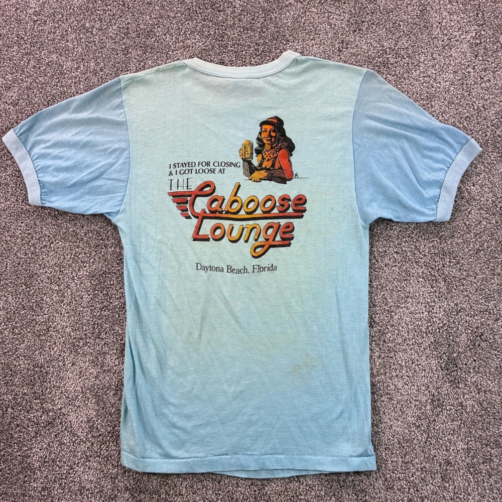 Vintage 70s The Caboose Lounge Shirt Mens L Daytona Beach Florida Drinking