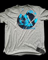 NWT Armani Exchange Heather Gray Blue Foil Graphic V Neck Logo Tee T Shirt Sz L